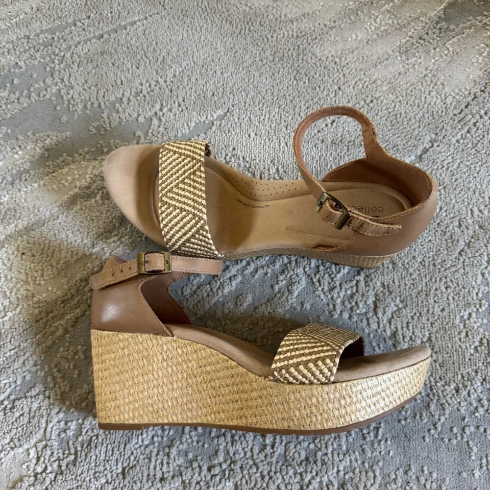 Clarks Rose Ease Ankle Strap Espadrille Platform Wedge Sandals nuetral tan 10